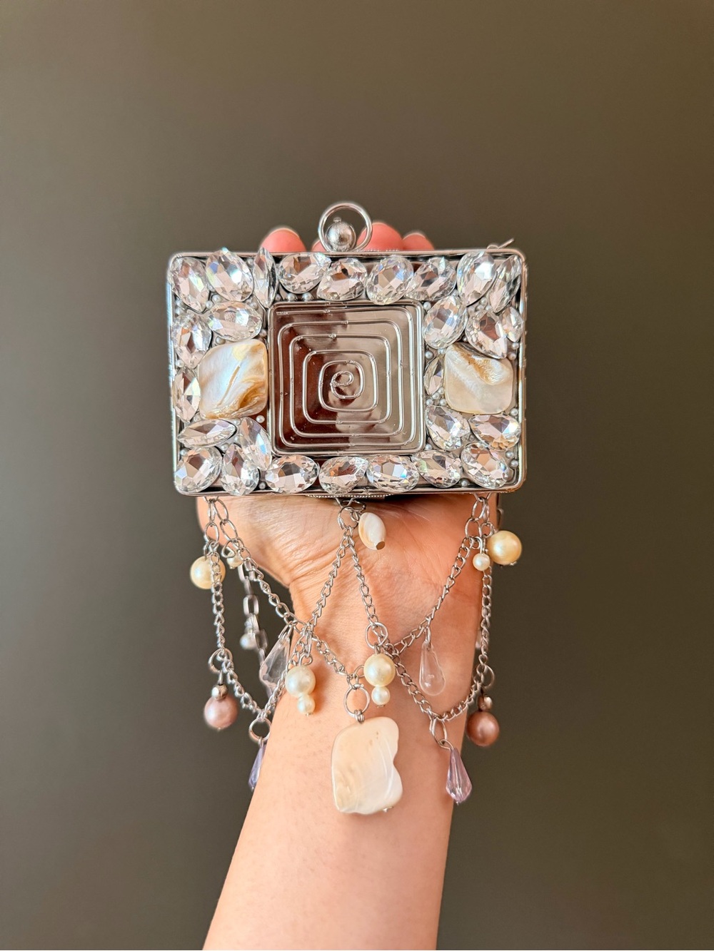 Silver Beaded Box Clutch with Shell & Crystal Accents - Picture 2 of 4